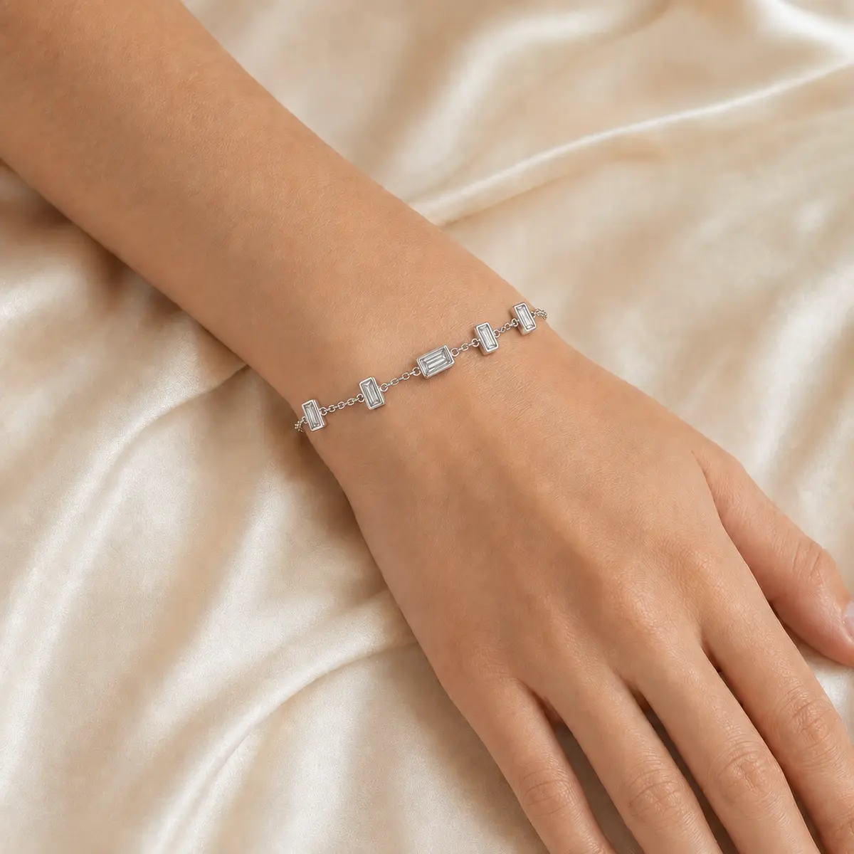 The Baguette Line worn on model in white gold