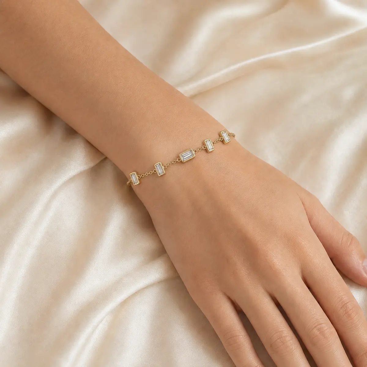 The Baguette Line worn on model in yellow gold