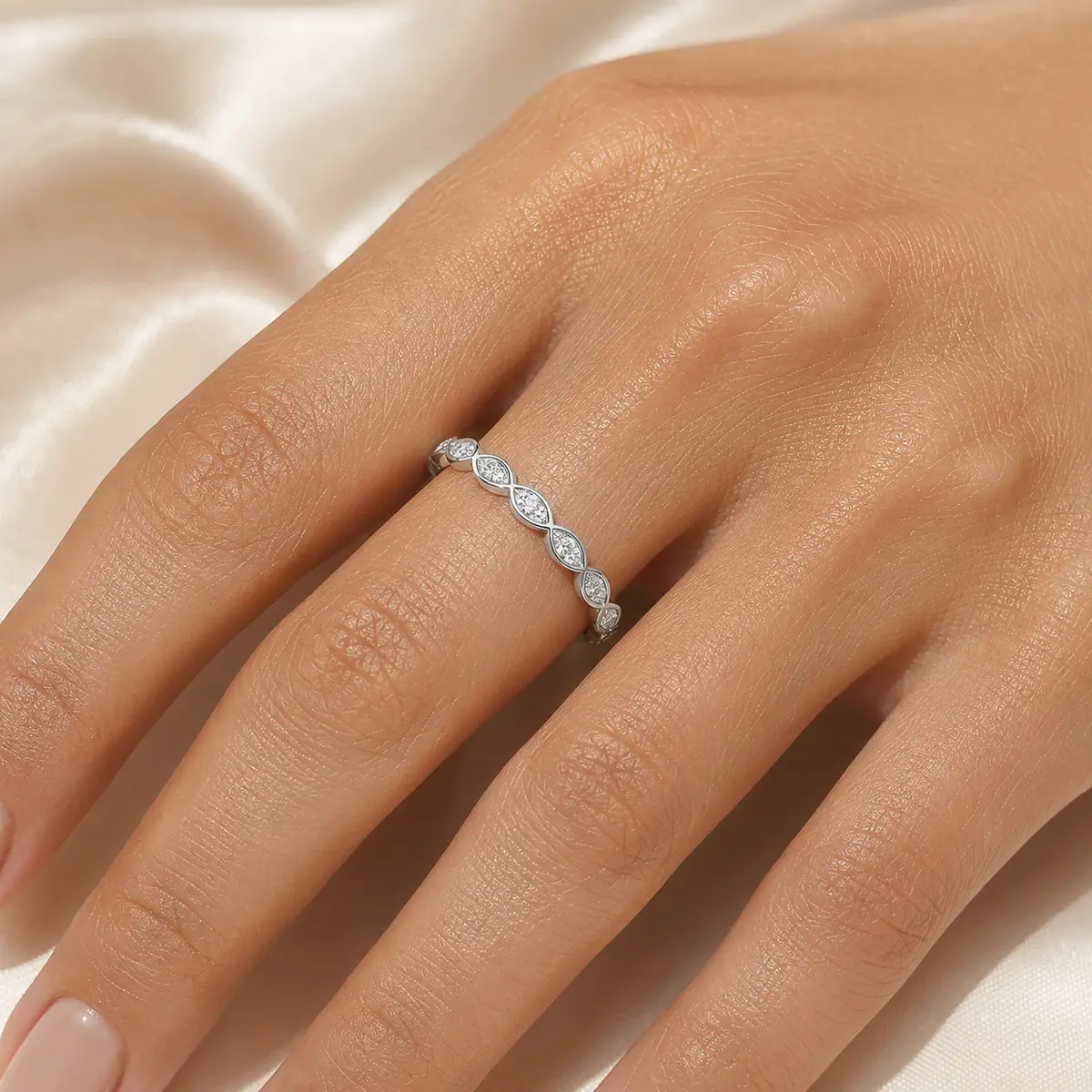 The Marquise Eternity worn on model in white gold
